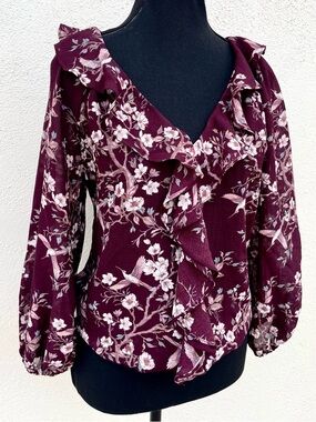 Max Studio Floral Ruffle Neck Blouse XS Wine Red
